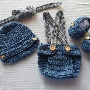Crochet Baby Boy Suspenders Newsboy Hat Diaper Cover Outfit Photo Prop